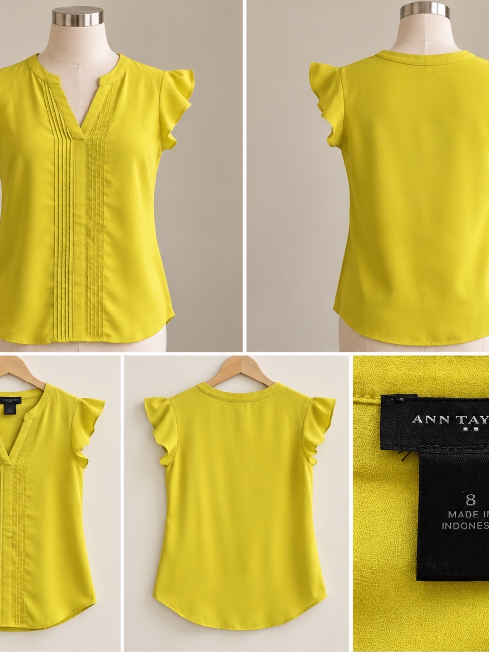 Ann Taylor Yellow Flutter Sleeve Pintuck Blouse